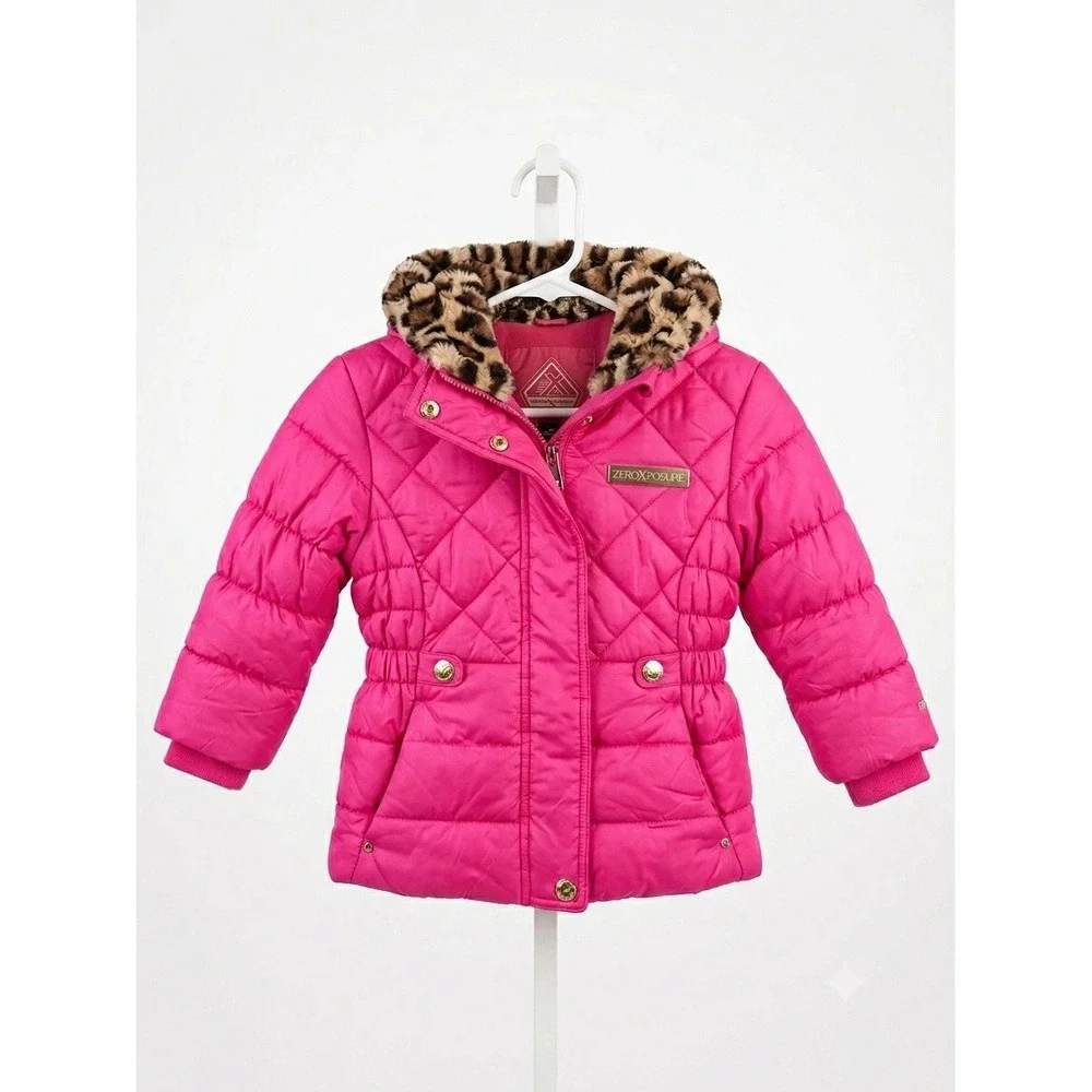 ZeroXposure Girls 4/5 Hot Pink Quilted Puffer Jacket Faux Fur Leopard Hood